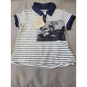 Vintage Navy & White Striped Baby Polo Shirt With Graphic By Cozy Toes 12 Months